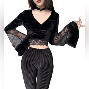 Womens Gothic Velvet Crop Tops - V Neck Lace Patchwork Long Sleeve Shirt - Witch